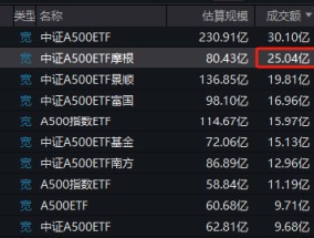 中证A500ETF摩根（560530）大幅放量，今日成交额达到25.04亿元，位居同类10只产品第二名，位居上交所第一名