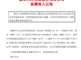 新华保险：前10月原保险保费收入1556.32亿元 同比增长1.8%